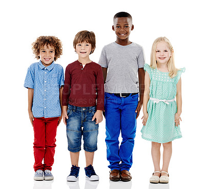 Buy stock photo Studio shot of a group of young friends standing together against a white background