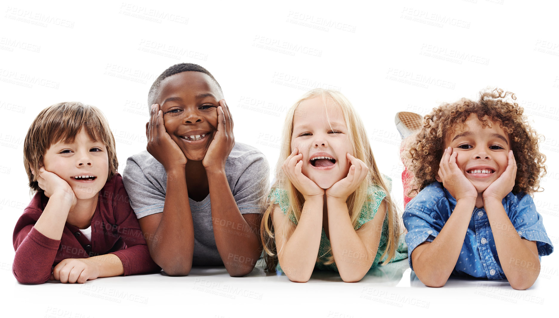 Buy stock photo Studio shot of a group of young friends lying on the floor together against a white background