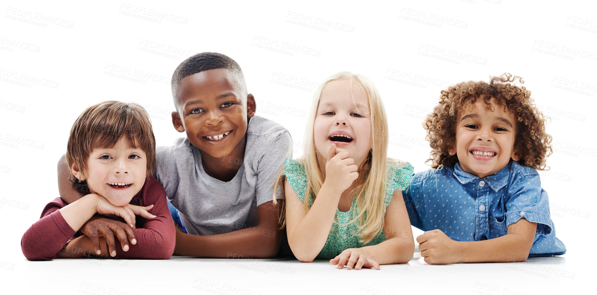 Buy stock photo Happy, portrait and kids with diversity for childhood, youth or development on a white studio background. Young, children or group of kindergarten students lying with smile on floor for break or rest