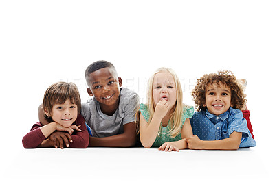 Buy stock photo Smile, diversity and children or face on the floor together or against a white background and friends hug. Smile, kids and playful or laughing and isolated in studio or excited buddies and embrace