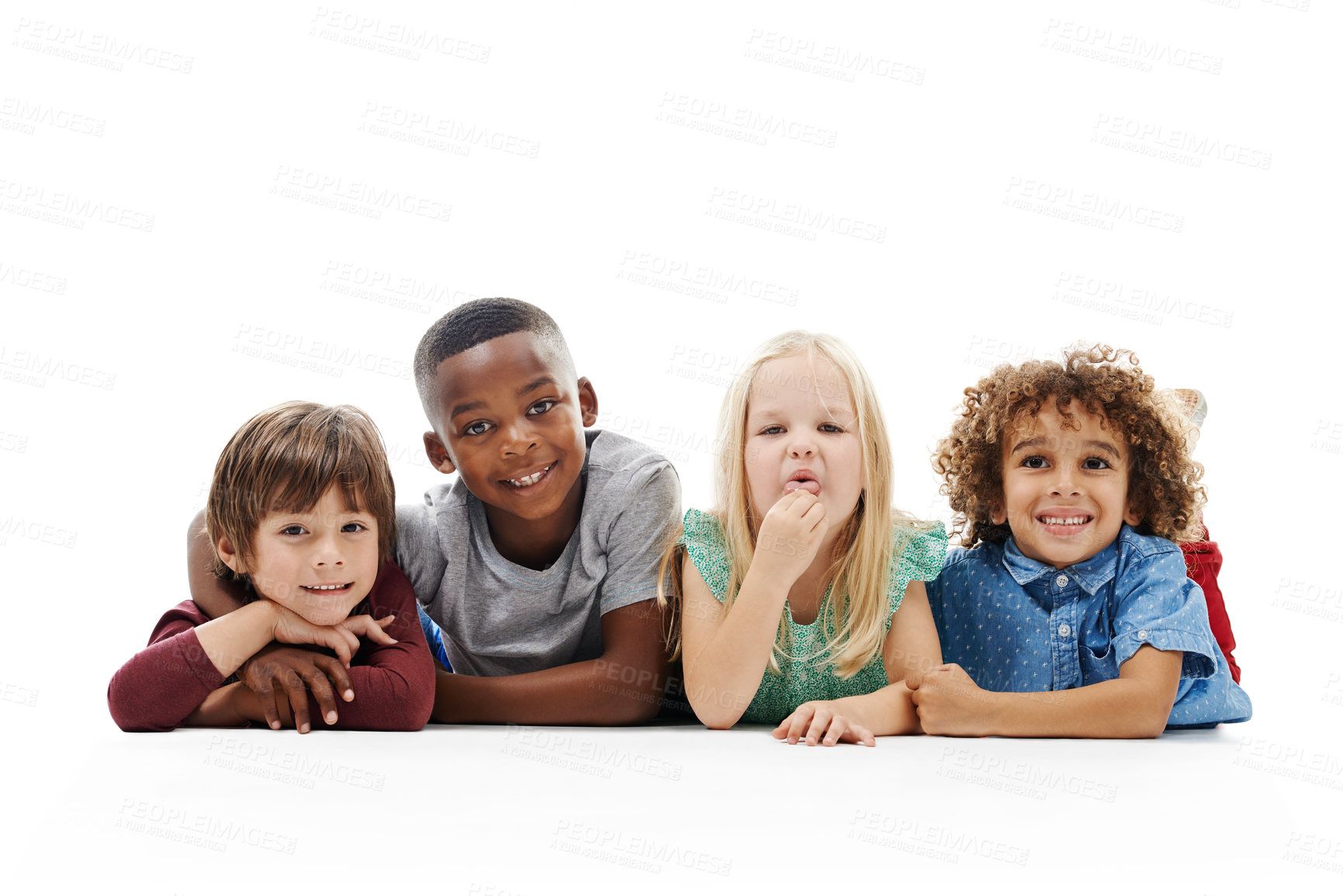 Buy stock photo Smile, diversity and children or face on the floor together or against a white background and friends hug. Smile, kids and playful or laughing and isolated in studio or excited buddies and embrace