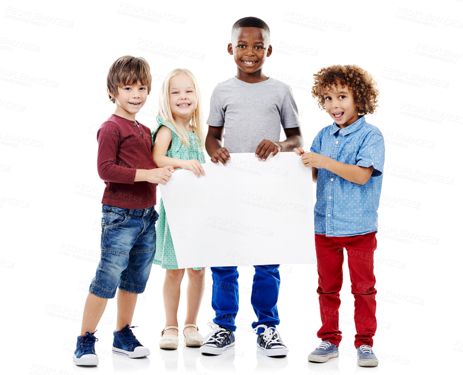 Buy stock photo Studio shot of a group of young friends holding up a blank placard together against a white background