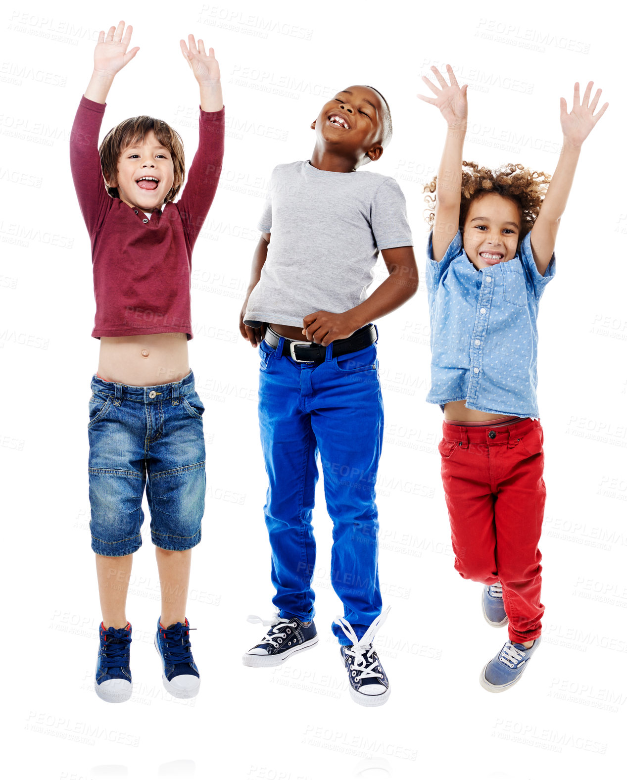 Buy stock photo Students, jumping and portrait of children in studio for diversity, friends and playing. Happiness, youth and smile with group of kids isolated on white background for celebration, playful and energy