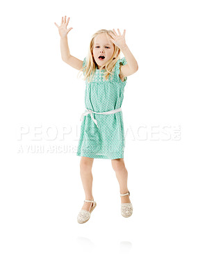 Buy stock photo Studio, child and girl with energy for jump, hands up and fashion dress for first day of kindergarten. Mockup space, kid and development with flying game for playing, balance and white background