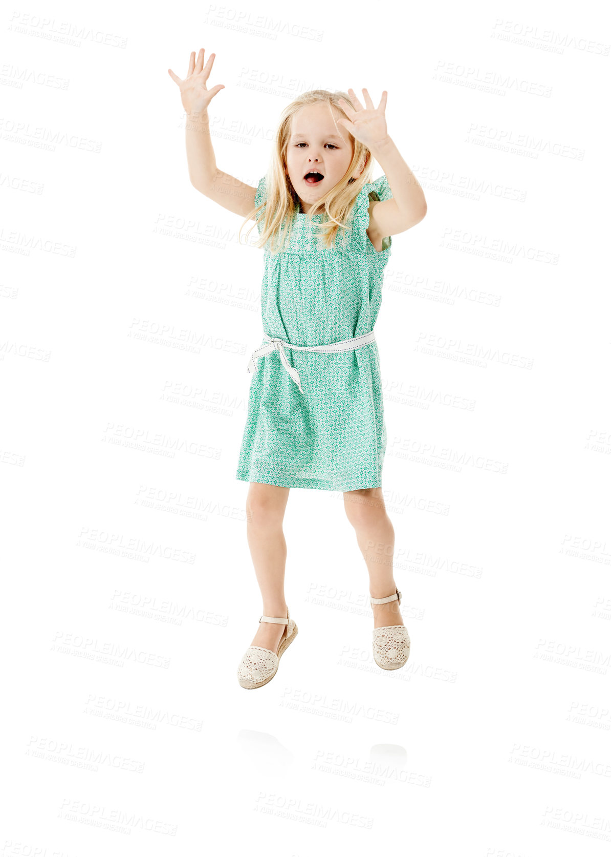 Buy stock photo Studio, child and girl with energy for jump, hands up and fashion dress for first day of kindergarten. Mockup space, kid and development with flying game for playing, balance and white background