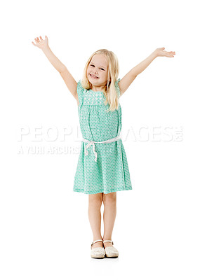 Buy stock photo Studio, child and girl in portrait for celebration, hands up and fashion dress for first day of kindergarten. Mockup space, kid and development with pride for playing, excited and white background