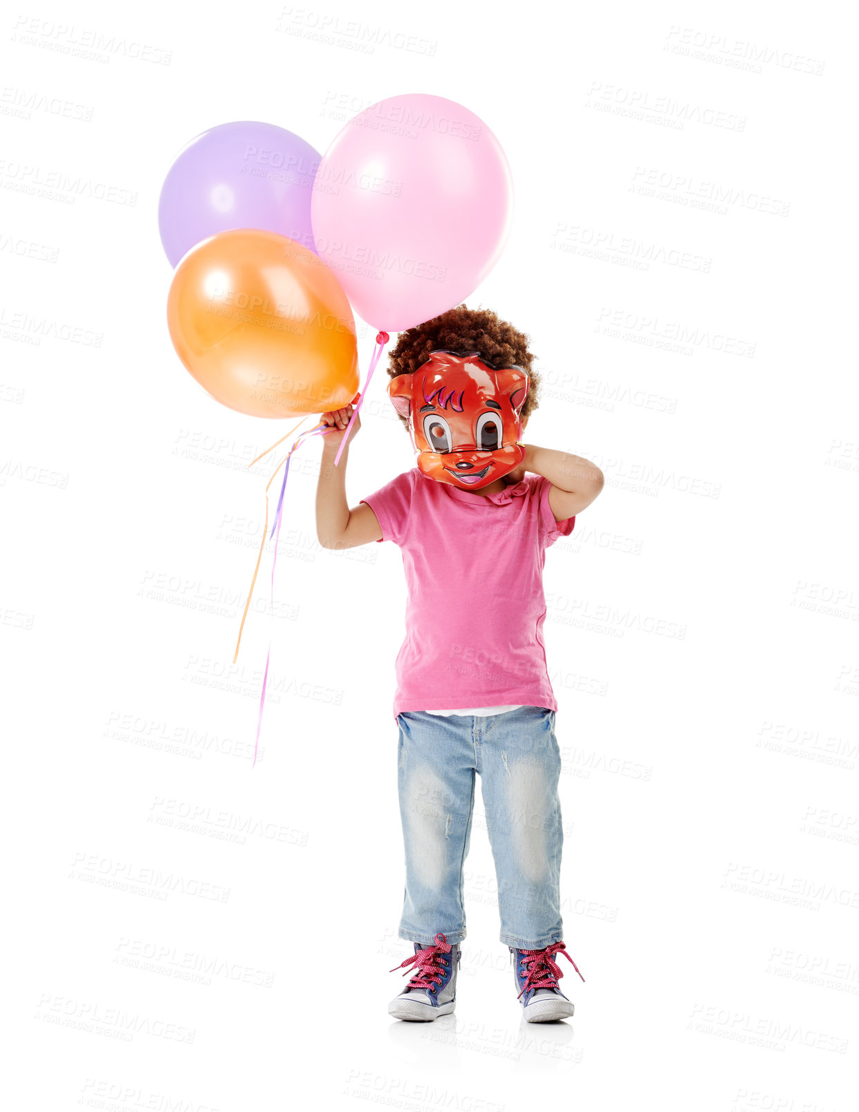 Buy stock photo Child, party and balloons with event, celebration and birthday decoration and mask in studio. Youth, Halloween outfit and fun costume with kids fashion and cute casual clothes with white background