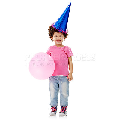 Buy stock photo Balloon, party hat and portrait of happy child in studio for birthday, celebration or fun with event. Smile, decoration and kid with inflatable helium accessory for gift isolated by white background.