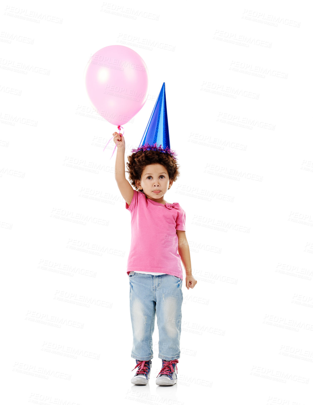 Buy stock photo Balloon, party hat and portrait of kid in studio for birthday, celebration or fun with event. Smile, decoration and child with flying inflatable helium accessory for gift isolated by white background