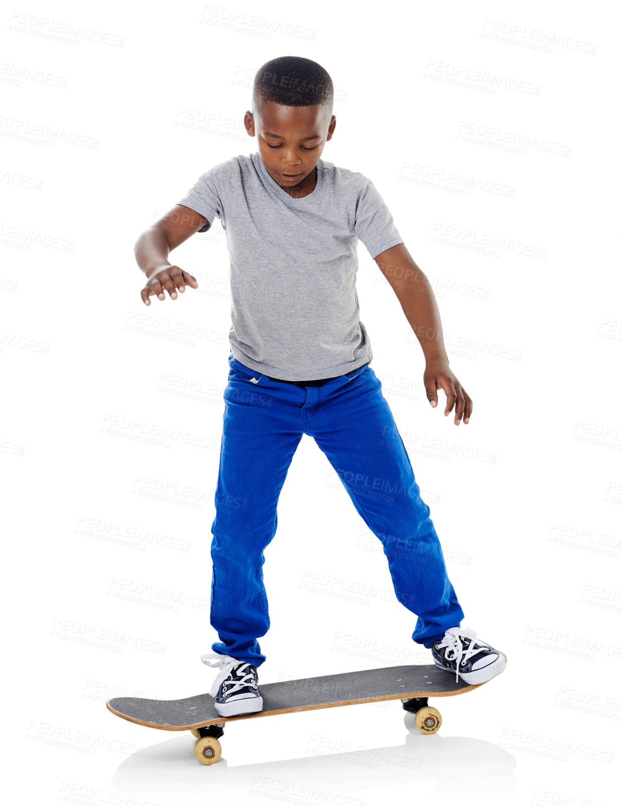 Buy stock photo Studio, trick and boy with skateboard for riding, training and practice for game. Mockup space, skater and black child with sports equipment for playing, coordination and ready by white background