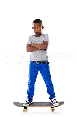 Buy stock photo Studio, portrait and child with skateboard for balance, riding and practice for game. Mockup space, black person and boy with sports equipment for playing, coordination and pride by white background