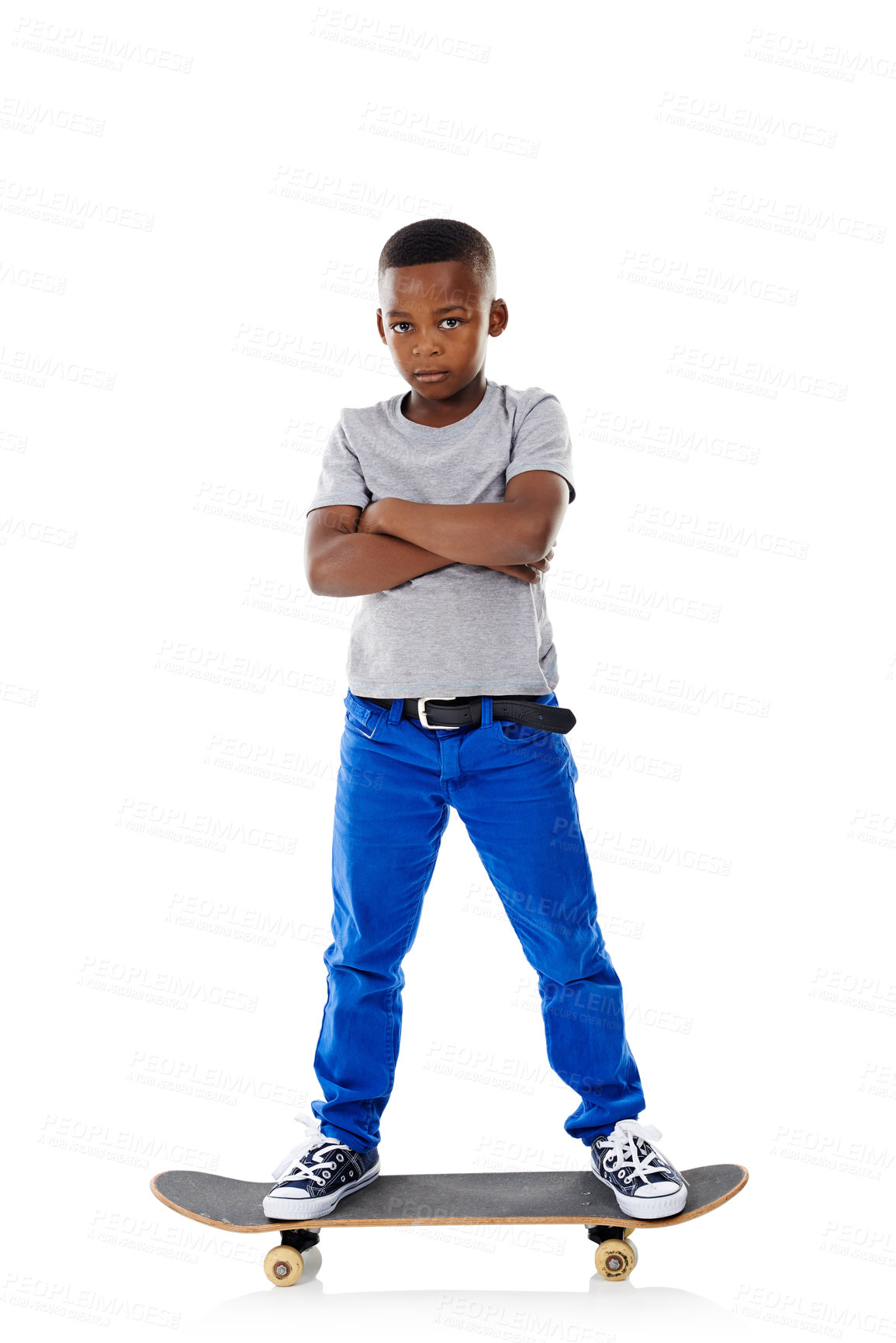 Buy stock photo Studio, portrait and child with skateboard for balance, riding and practice for game. Mockup space, black person and boy with sports equipment for playing, coordination and pride by white background