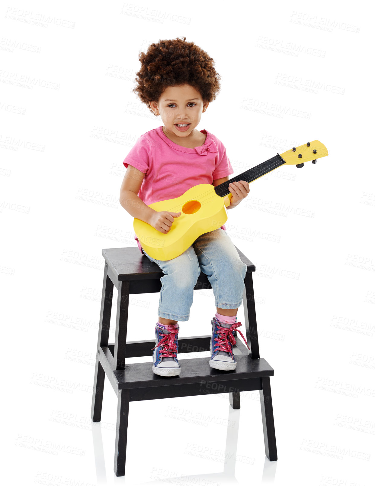 Buy stock photo Happy, guitar and portrait of child in studio on step for playing music, practice and learning songs. Childhood, creative and isolated young girl with musical instrument for sound on white background