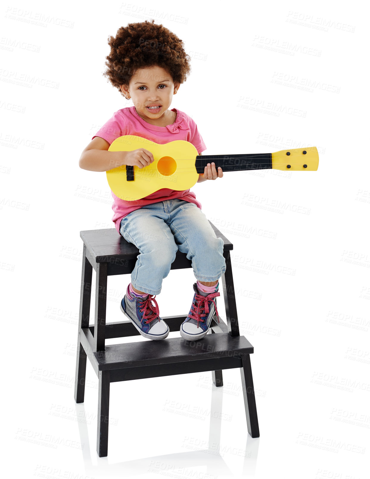 Buy stock photo Playing, guitar and portrait of child in studio on step for music, practice and learning songs. Happy, creative and isolated young girl with musical instrument for performing on white background