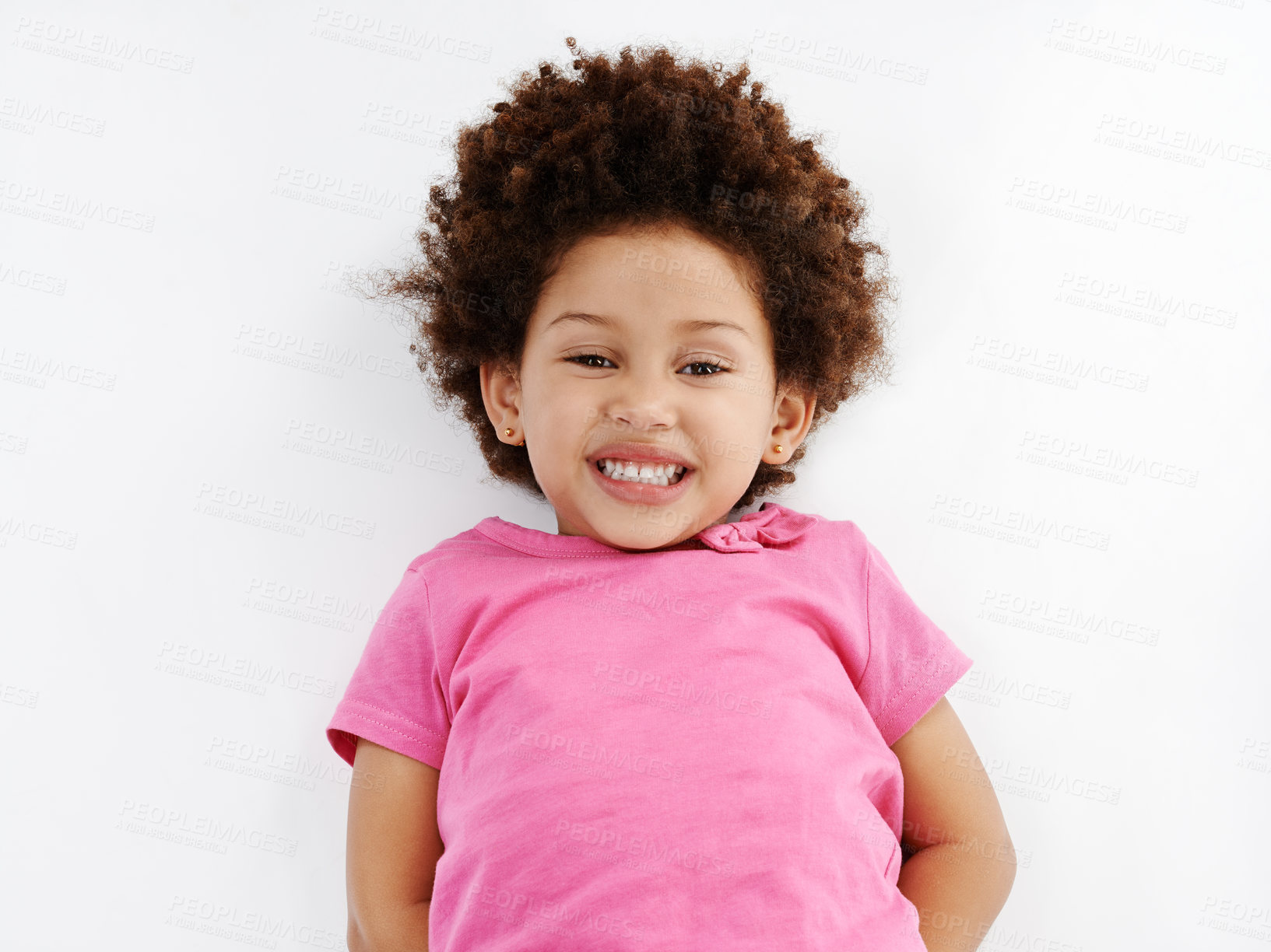 Buy stock photo Happy, relax and portrait of child in studio for cheerful, innocent and development in youth. Calm, smile and face of little girl with confidence for joyful, positivity and growth by white background