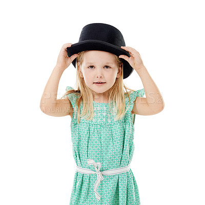 Buy stock photo Studio, portrait and child with hat for fashion, dress up and fantasy style for halloween concert. Mockup space, young girl and model with confidence for cool outfit, accessory and white background