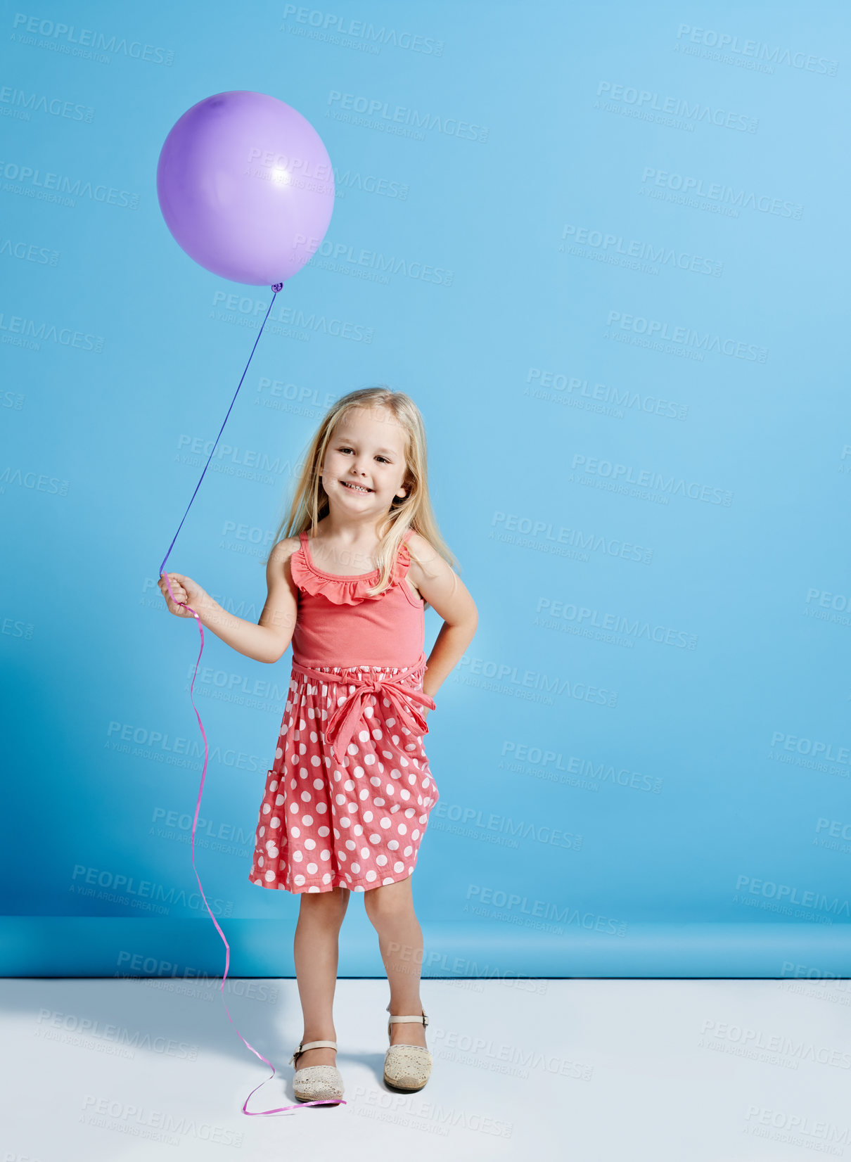 Buy stock photo Child, happy and balloon at wall mockup for party, birthday celebration and favorite color. Little girl, floating toy and smile at blue background space for fun event, creativity or helium decoration