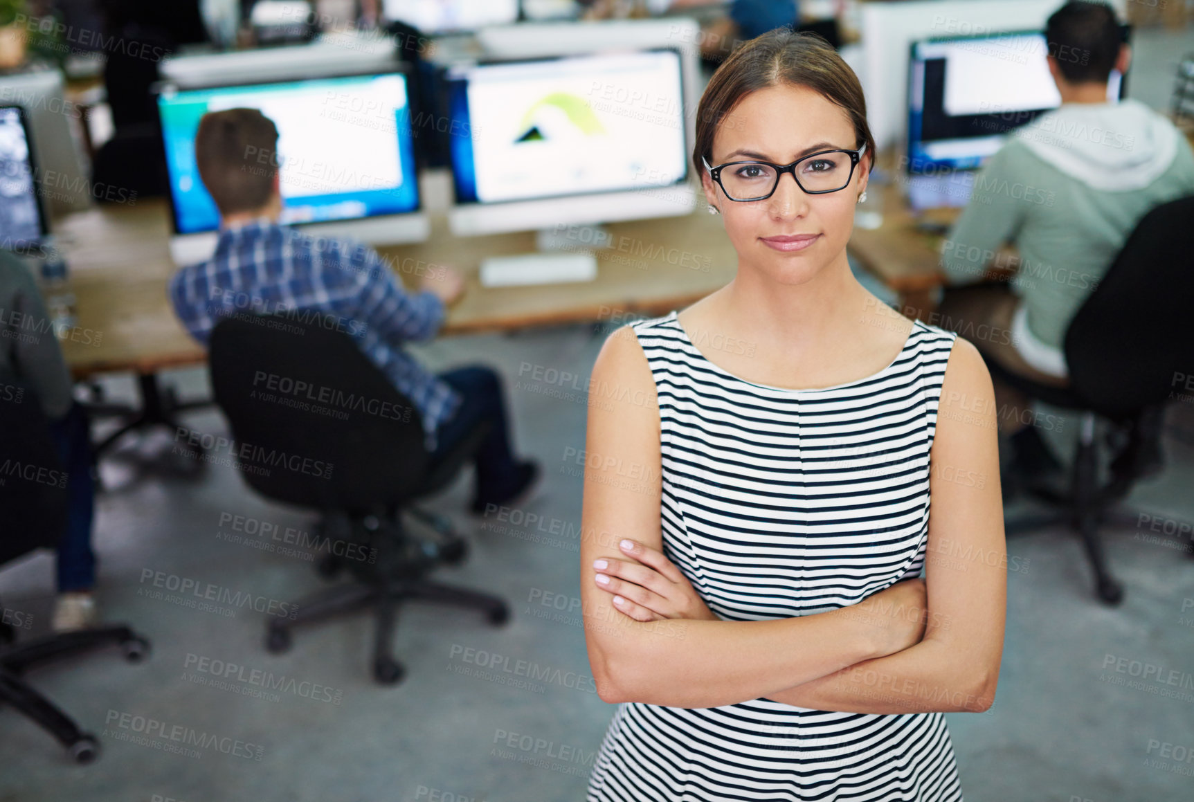 Buy stock photo Portrait, arms crossed and woman with smile, proud and vision for startup, coworking and internship. Creative, graphic designer and girl with confidence, glasses and happy with screen of computer