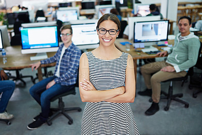 Buy stock photo Portrait, arms crossed and woman with glasses, colleagues and proud of startup, smile and internship. Creative, graphic designer and girl with confidence, vision and happy with screen of computer