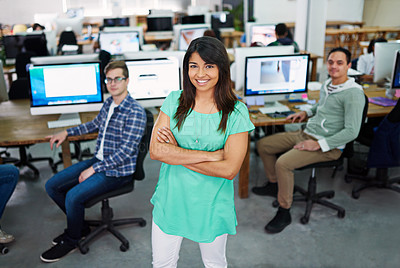 Buy stock photo Portrait, arms crossed and woman in office, startup and proud with smile, coworking and internship. Creative, graphic designer and opportunity in agency, business and happy with confidence and person