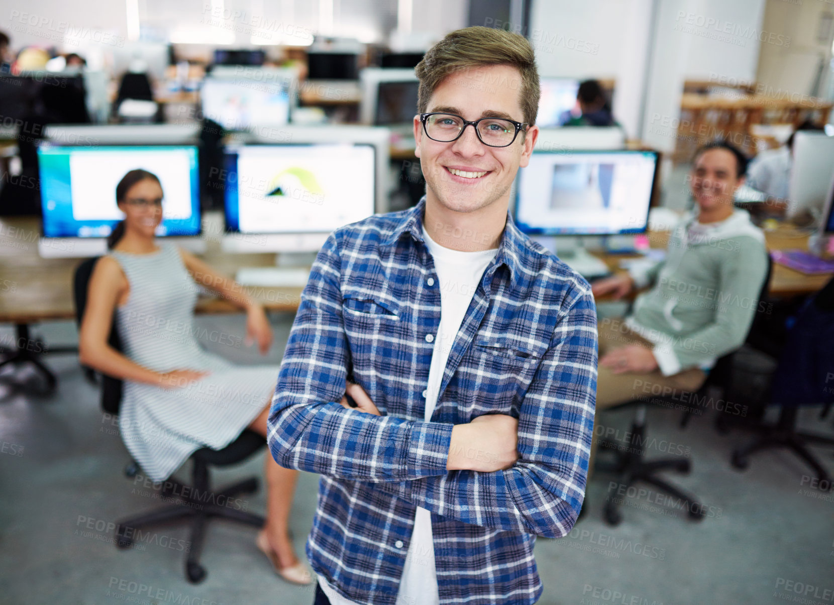 Buy stock photo Portrait, arms crossed and man with vision, proud and employee with glasses, coworking and business. Creative, graphic designer and opportunity to learn for intern, confident and person in startup