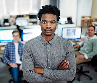 Buy stock photo Portrait, serious and black man with arms crossed, proud and employee in office, coworking and business. Creative, graphic designer and opportunity to learn for intern, confident or person in startup