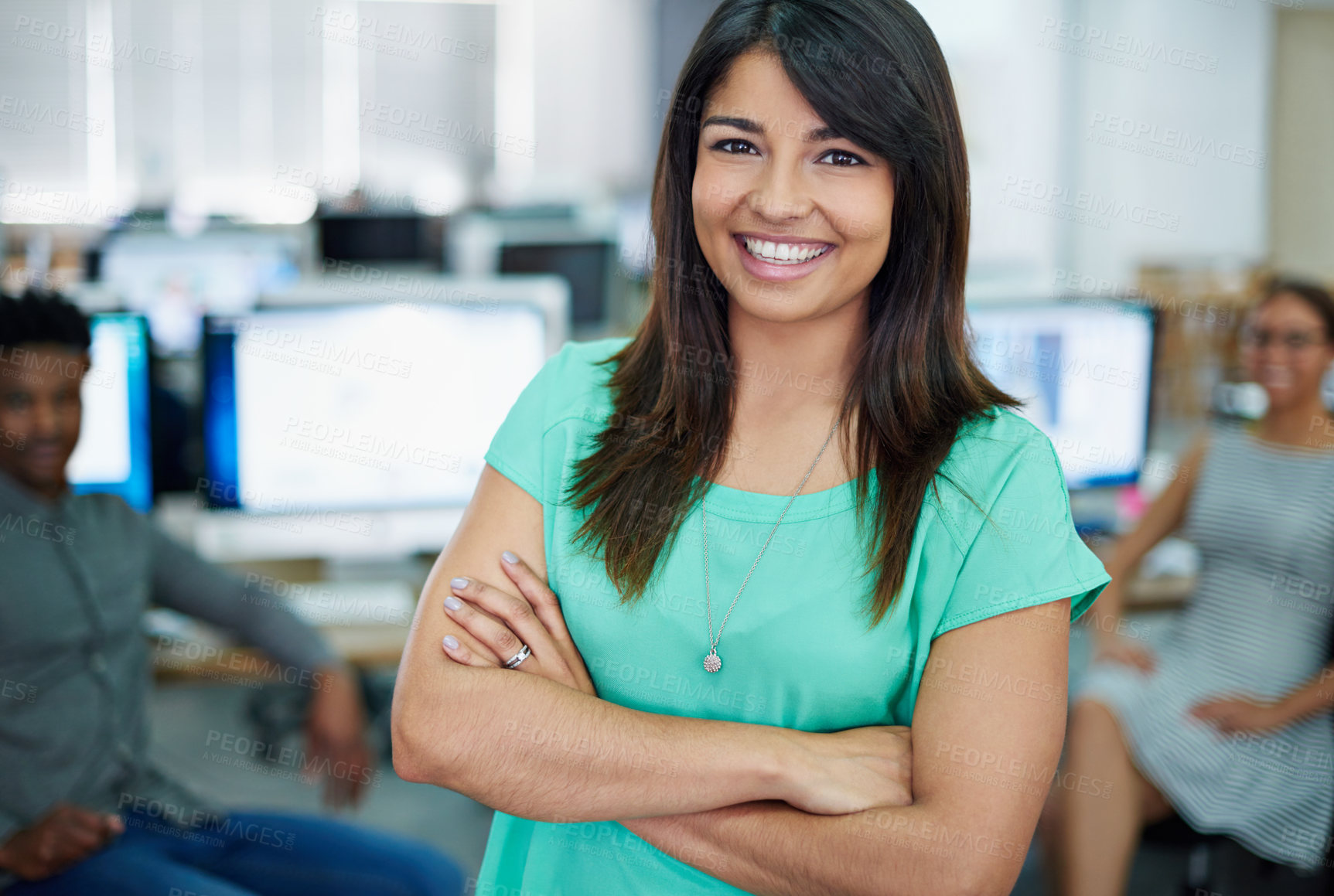 Buy stock photo Portrait, business people and woman with arms crossed, cooperation and smile with copywriting. Face, group and employees with leadership, computer and journalist with news room and career ambition