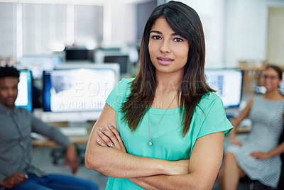 Buy stock photo Portrait, business people and woman with arms crossed, cooperation and startup with confidence. Face, group and employees with project leader, computer and journalist with copywriting and internet