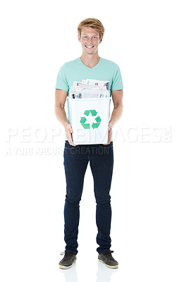 Buy stock photo Man, volunteer and garbage bin for recycling, climate change and littering with clean sustainability. Green activism, newspaper and white studio background for pollution, ecology and accountability