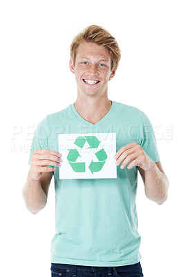 Buy stock photo Happy man, portrait and recycle with sign or logo for global warming, reproduction or reuse on a white studio background. Young model, male person or volunteer with poster or symbol for eco planet