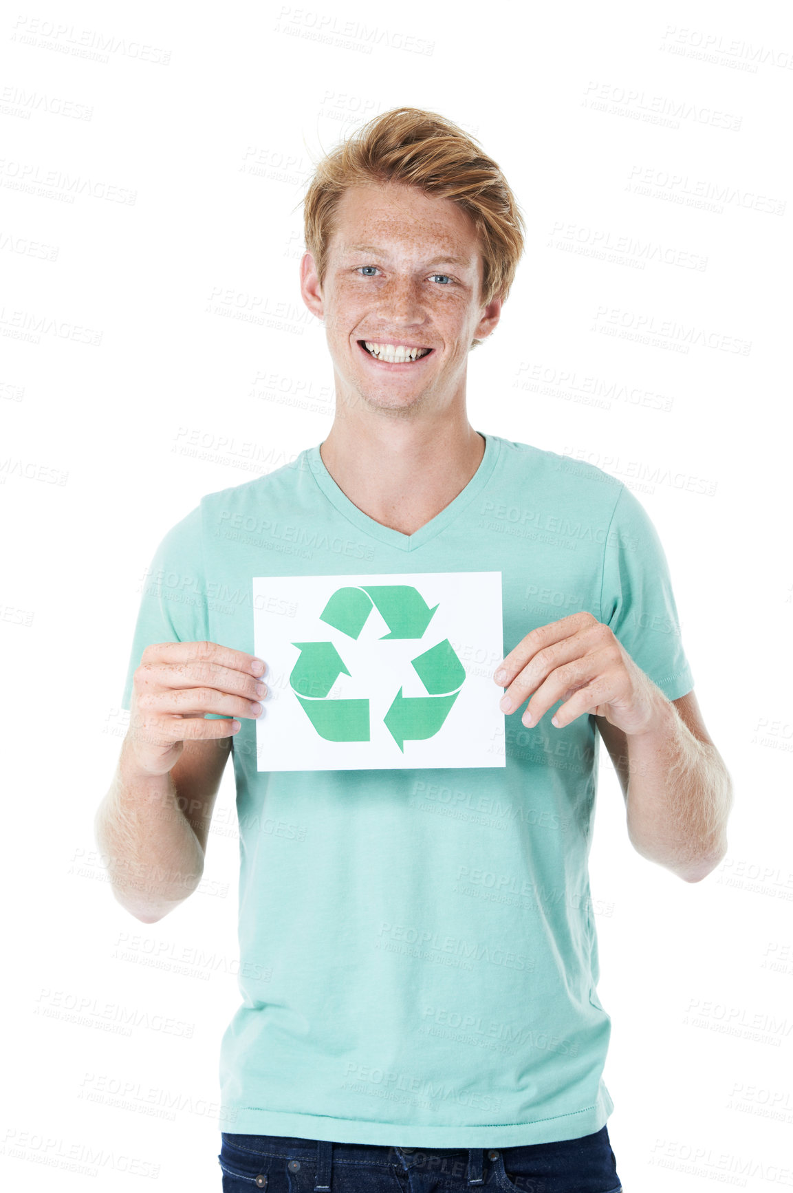 Buy stock photo Happy man, portrait and recycle with sign or logo for global warming, reproduction or reuse on a white studio background. Young model, male person or volunteer with poster or symbol for eco planet