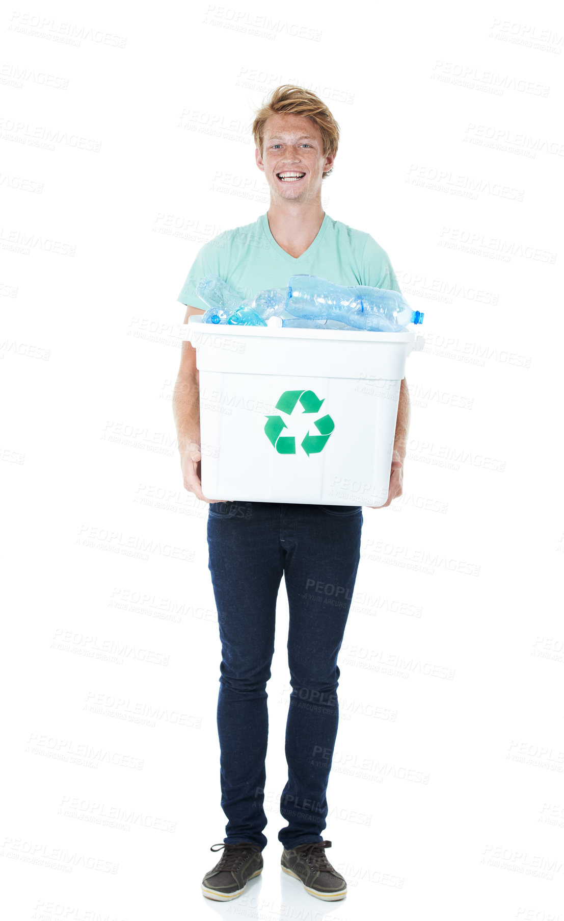Buy stock photo Happy man, portrait and recycling with plastic bottles for global warming on a white studio background. Young model, male person or volunteer with reusable material in bucket or bin for eco planet