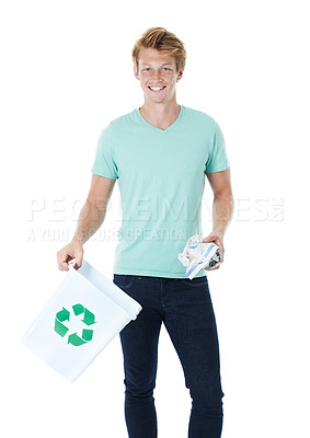 Buy stock photo Happy man, portrait and recycling with paper or bin for global warming on a white studio background. Young model, male person or volunteer with reusable material, bucket or trash for eco planet