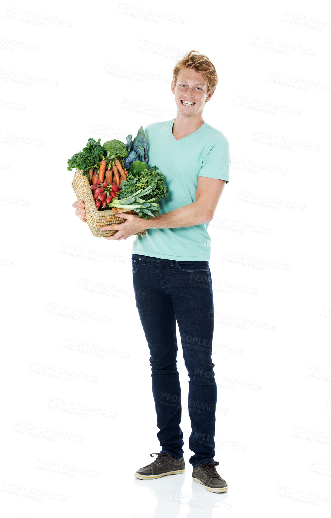 Buy stock photo Man, vegetables and basket in studio, happy and portrait with organic produce by white background. Person, shopping and container for groceries, nutrition and vegan diet with discount in Spain