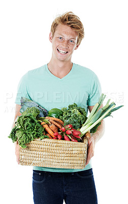 Buy stock photo Man, bin and recycling paper in studio with smile, accountability and portrait for waste by white background. Person, volunteer and container with newspaper, icon and cleaning with garbage in Ireland