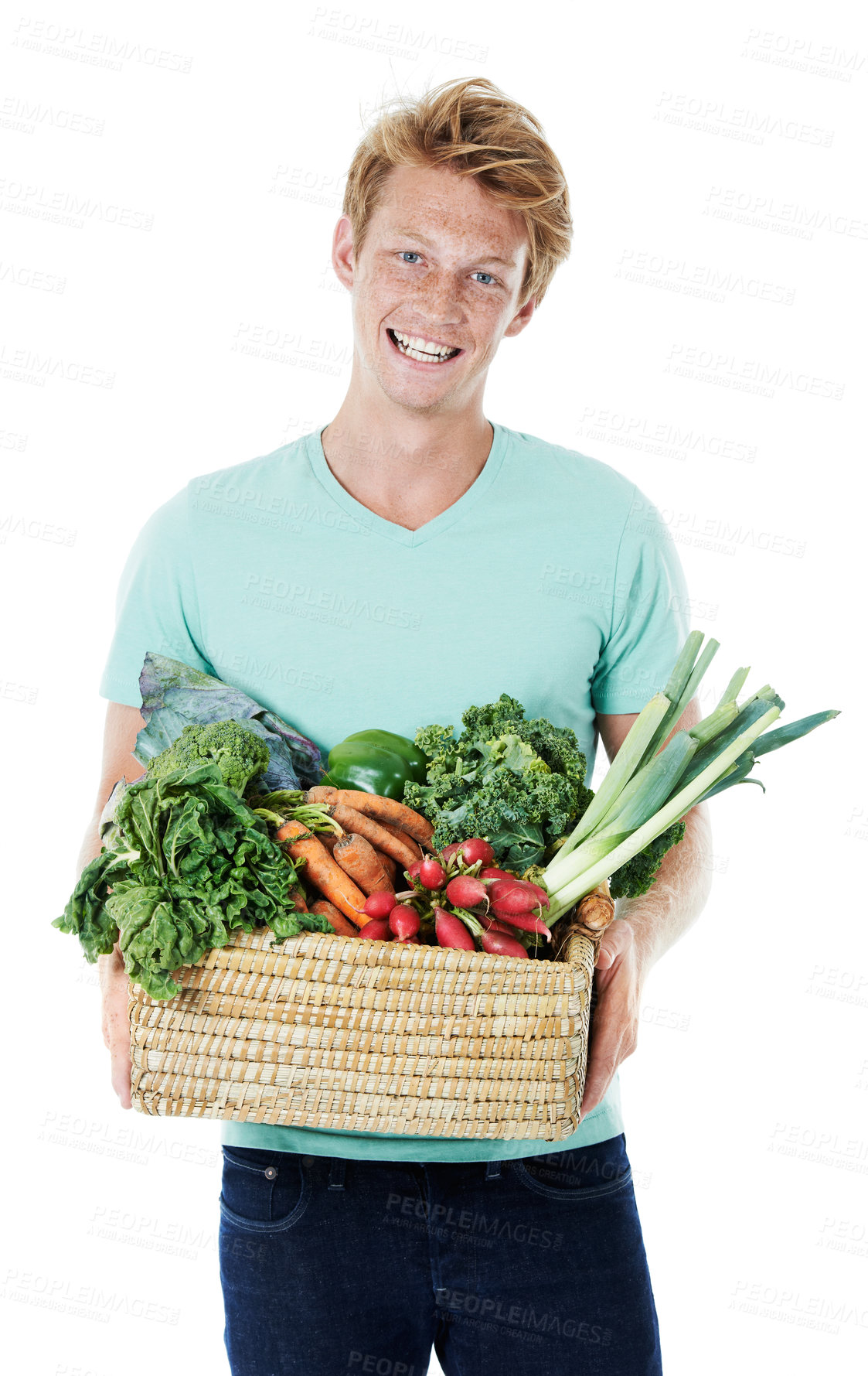 Buy stock photo Man, bin and recycling paper in studio with smile, accountability and portrait for waste by white background. Person, volunteer and container with newspaper, icon and cleaning with garbage in Ireland