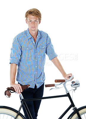 Buy stock photo Portrait, studio and man with bicycle for travel, eco friendly transport or commute. Serious, person and vintage bike for cycling, journey and sustainability isolated on white background in Ireland