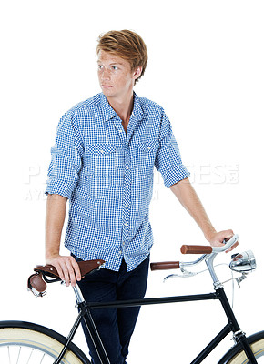 Buy stock photo Man, travel and vintage bicycle in studio, thinking and eco friendly transportation by white background. Person, reflection and retro bike with journey, commute and adventure with sustainability