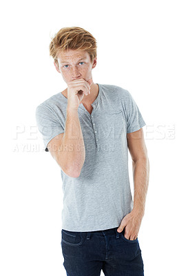 Buy stock photo Portrait, man and redhead in studio with confidence, casual fashion and haircare for aesthetic. Student, red hair and freckles on white background with style, popularity and reputation in Ireland