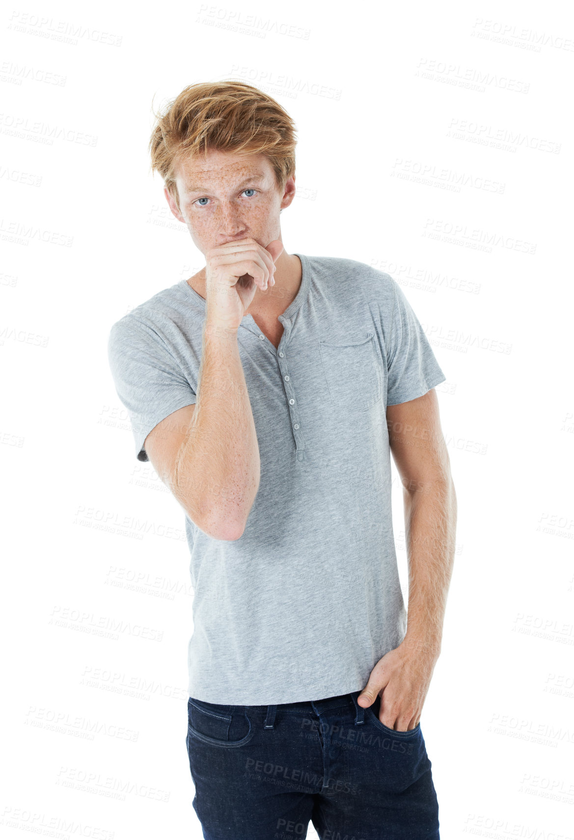 Buy stock photo Portrait, man and redhead in studio with confidence, casual fashion and haircare for aesthetic. Student, red hair and freckles on white background with style, popularity and reputation in Ireland