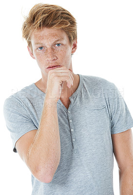 Buy stock photo Fashion, confident and portrait of man in studio with casual, cool and trendy outfit with pride. Serious, tshirt and handsome male person from Scotland with stylish clothes by white background.