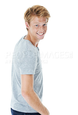 Buy stock photo Style, happy and portrait of man in studio with casual, cool and trendy outfit with confidence. Pride, tshirt and handsome male person from Scotland with fashion clothes by white background.