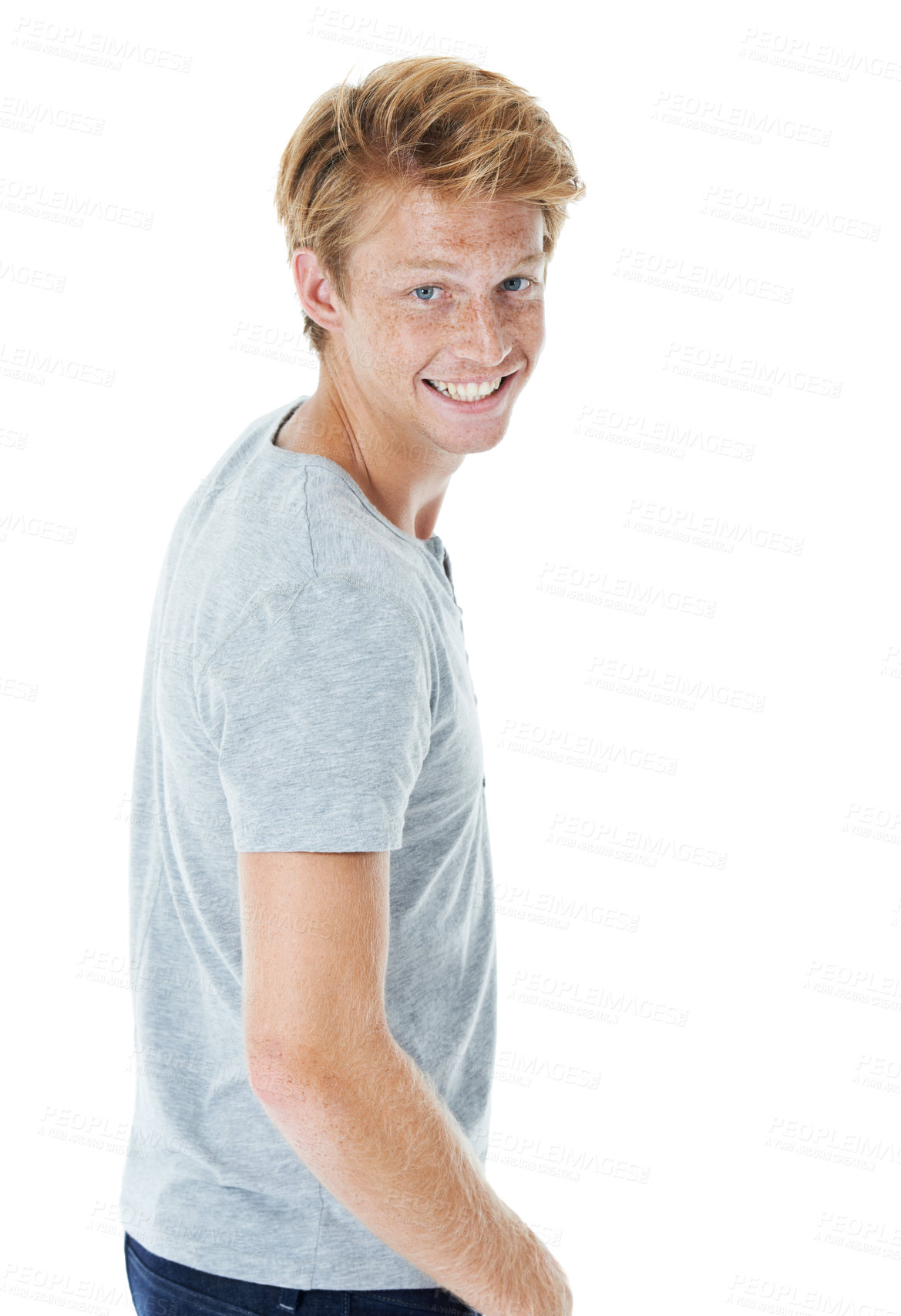 Buy stock photo Style, happy and portrait of man in studio with casual, cool and trendy outfit with confidence. Pride, tshirt and handsome male person from Scotland with fashion clothes by white background.