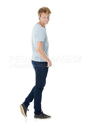 Buy stock photo Happy, confident and portrait of man in studio with casual, cool and trendy outfit with pride. Smile, tshirt and handsome male person from Scotland with stylish clothes isolated by white background.