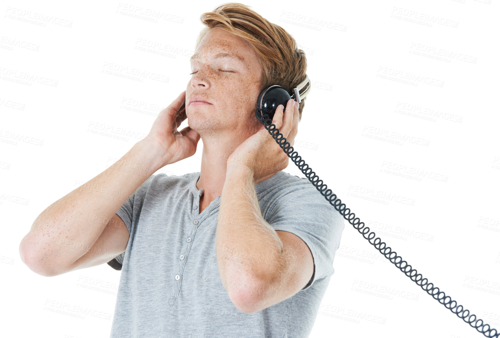 Buy stock photo Meditation, headphones and man listening to music for zen, peace or calm on white background. Radio, relax and person with technology for streaming audio, podcast and retro playlist for sound therapy