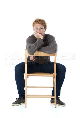 Buy stock photo Chair, redhead and portrait of man on a white background with freckles, pride and positive attitude. Fashion, serious and isolated person in trendy sweater, style and casual clothes in studio