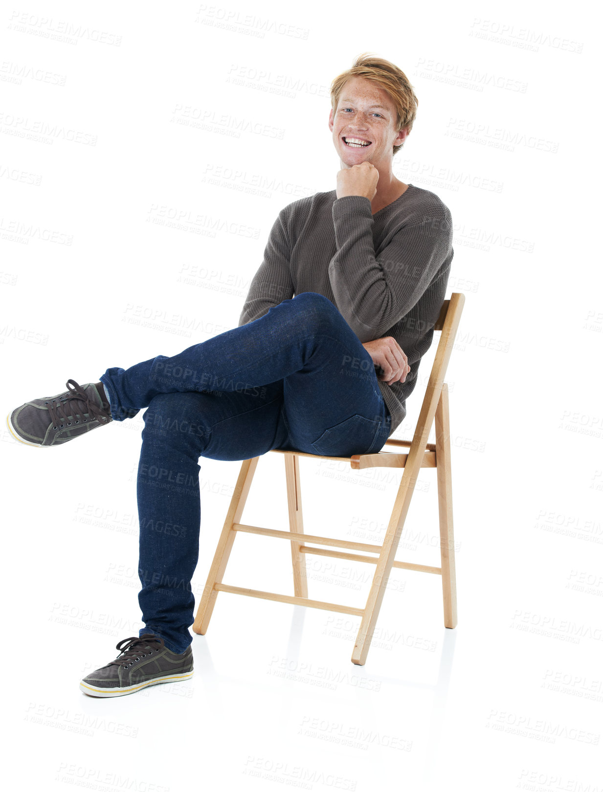 Buy stock photo Chair, laugh and portrait of man in studio with freckles, pride and positive attitude. Fashion, happy and isolated redhead person in trendy sweater, style and casual clothes on white background