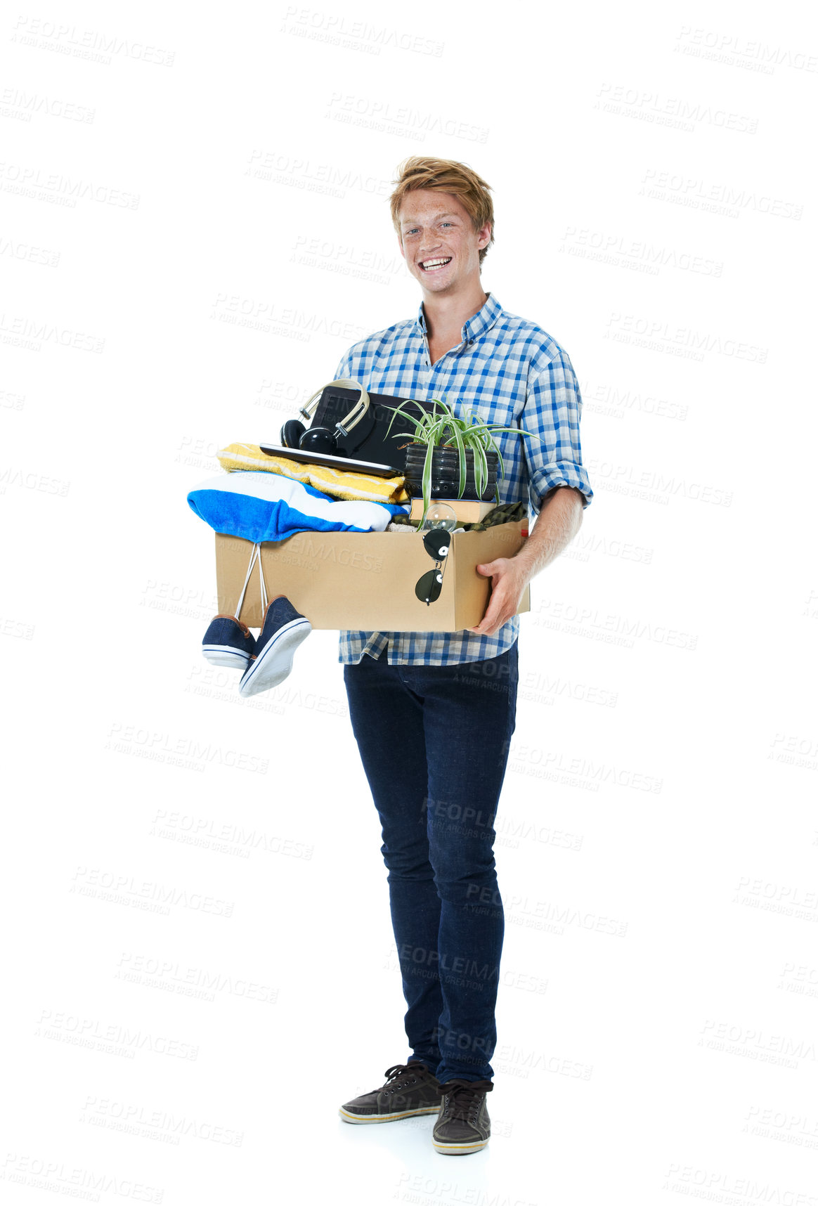 Buy stock photo Happy man, portrait and box with office equipment for moving, relocation or new job on a white studio background. Male person, model or tenant with gear for renovation,  immigration or career startup