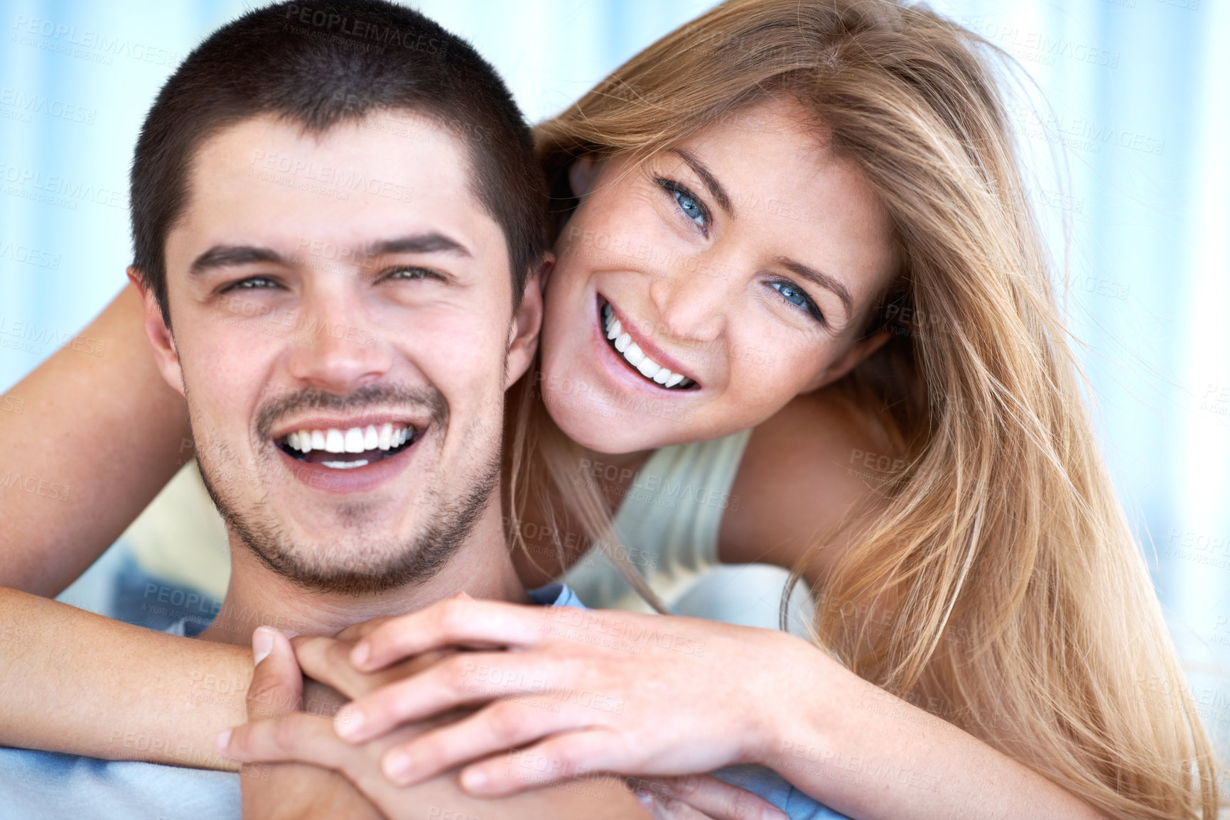 Buy stock photo Smile, relax and portrait of couple with hug for marriage, commitment and romantic bonding. Woman, man and happy with affection at home for care, love and connection together on weekend break