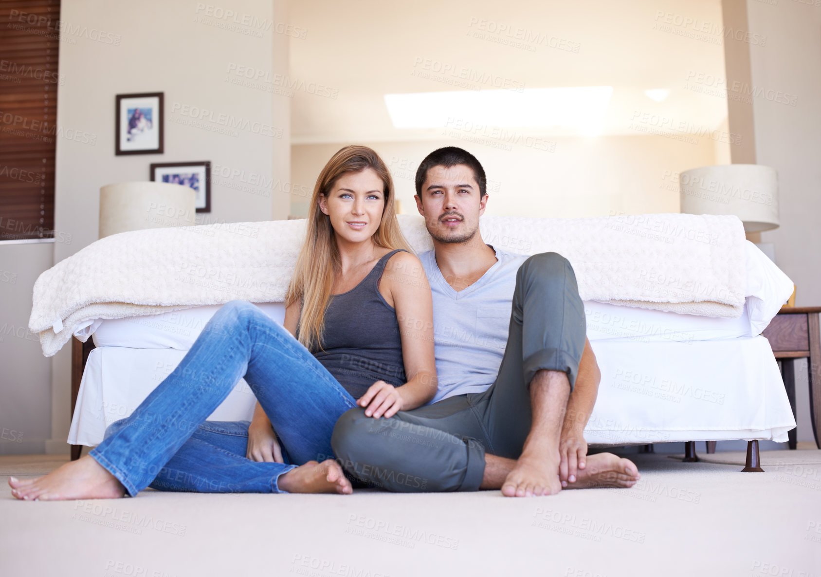 Buy stock photo Relax, portrait or couple in bedroom for love, support and care with trust, gratitude or soulmate. Anniversary, chill or people in home in marriage together for peace, loyalty or commitment in Spain